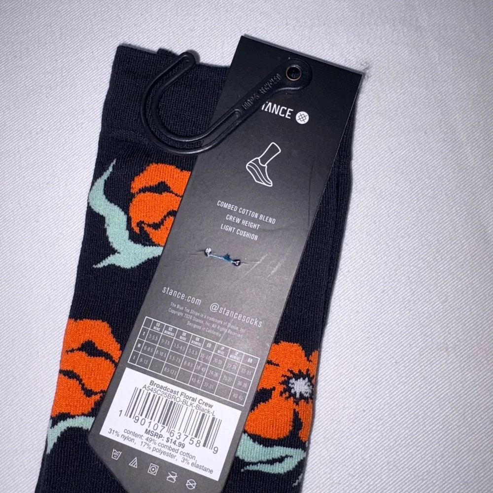Stance Broadcast Floral Crew Socks Black Orange Large BLK NEW‎